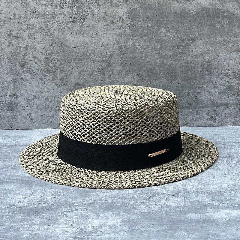 French Retro Salty Grass Hollow Sun Hat Men And Women Seaside Vacation Travel Beach Flat Top Hat Elegant Straw Hat