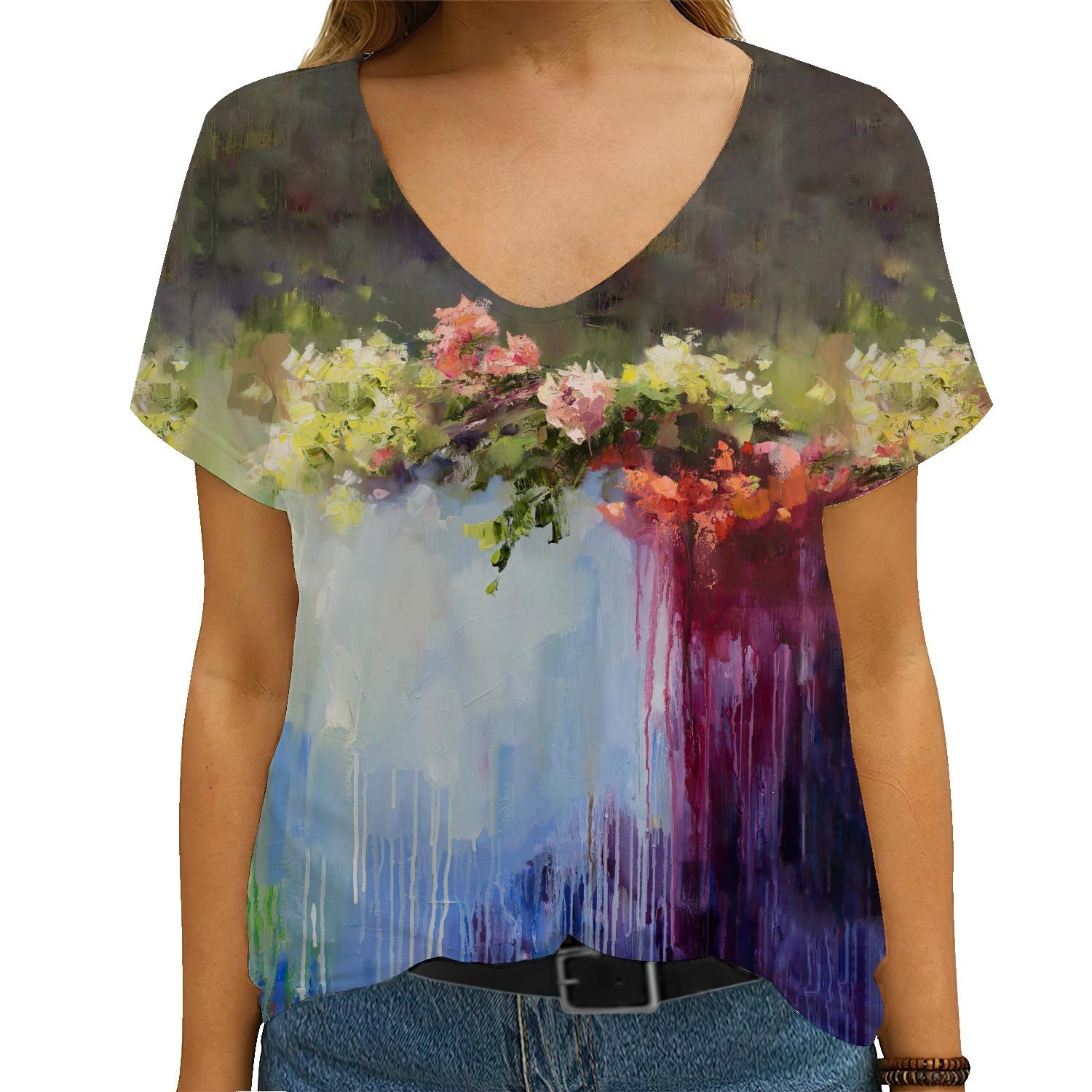 

Лето 2023 года, новинка, футболка с короткими рукавами и принтом «лошадь-стрекоза», свободный неформальный уличный топ, большой V-образный вырез, 3D-принт цветов XS