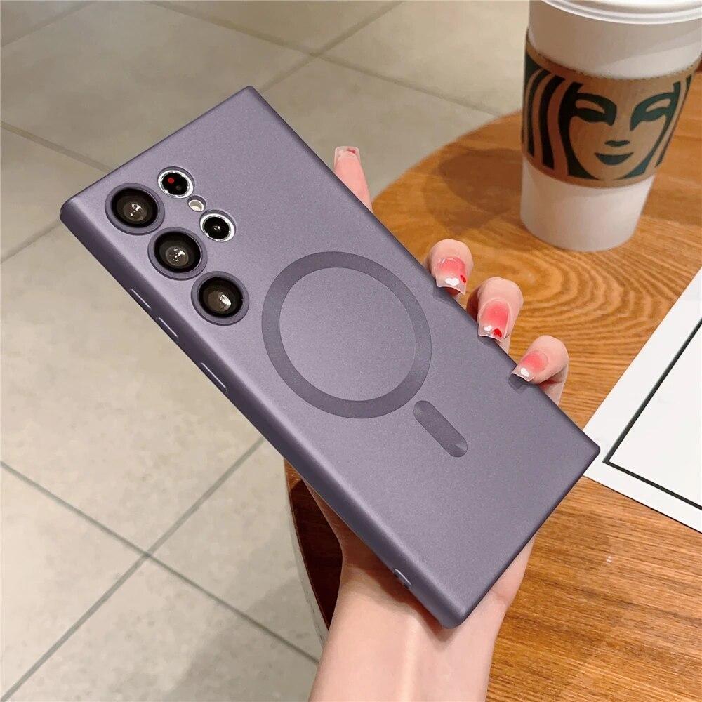 

Роскошный матовый магнитный чехол для телефона Samsung Galaxy S24 Ultra S23 FE, стекло с беспроводной зарядкой, защита объектива, мягкий противоударный чехол galaxy s22 plus глубокий/фиолетовый