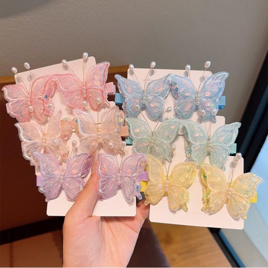 Girl Hairpin Double Layer Mesh Yarn Butterflies Decor Hair Clip with Imitation Pearls
