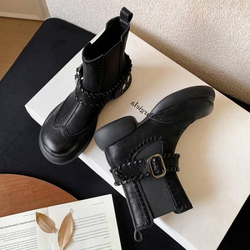 

New women s leather boots versatile platform low heel large size women s boots sleeve round head square heel autumn and winter cowhide high boots wo 39 чёрный
