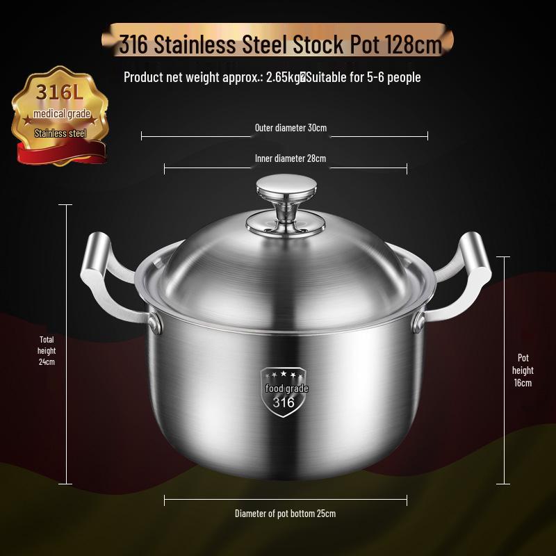 Extra Tall 316 Stainless Steel Stockpot with Anti-Overflow Lid, Large Capacity, No Coating, Perfect for Porridge, Steaming, and Stews.
