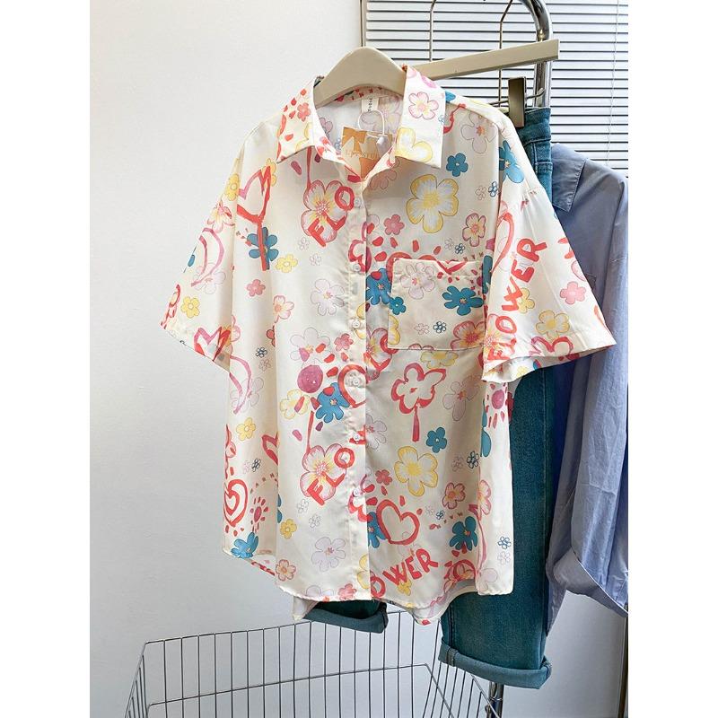 Summer Graffiti Women's Short Sleeved Shirt Fashion Versatile Pocket Blouse Loose Casual Comfortable Lady Clothing