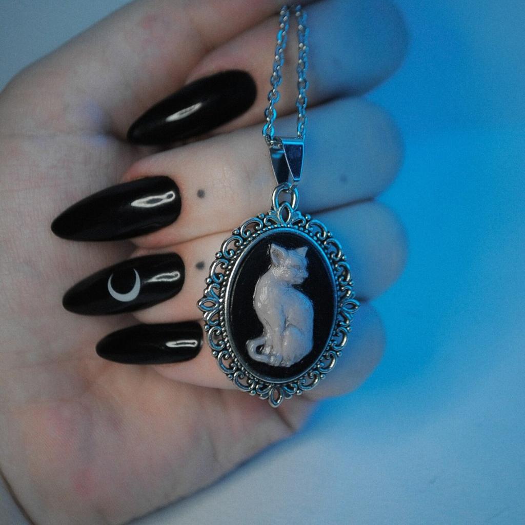 White Cat Cameo Necklace, Gothic Jewelry, Pagan, Witchcraft Accessories, Alternative, Retro, Organ, Choker For Women Man