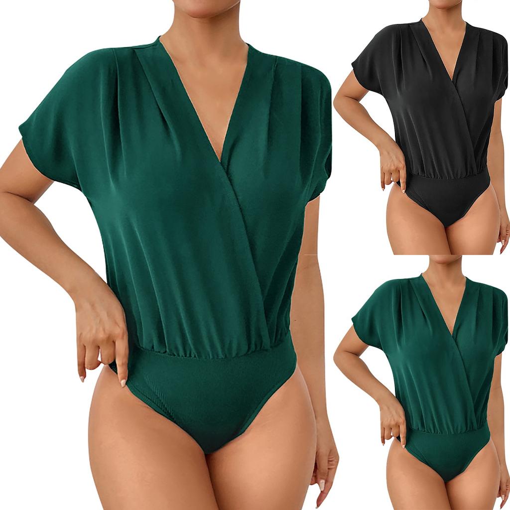 Women's Fashionable Casual Solid Color V-Neck Pleated Short-Sleeved Jumpsuit