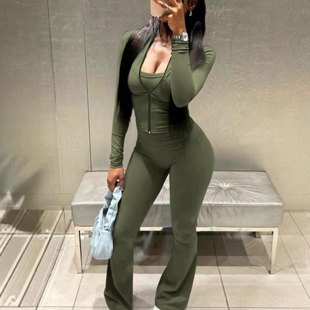 Women's Slim Fit Two-Piece Tracksuit Long Sleeve Zip Front Cardigan Top High Waist Flare Pants Streetwear Loungewear Set