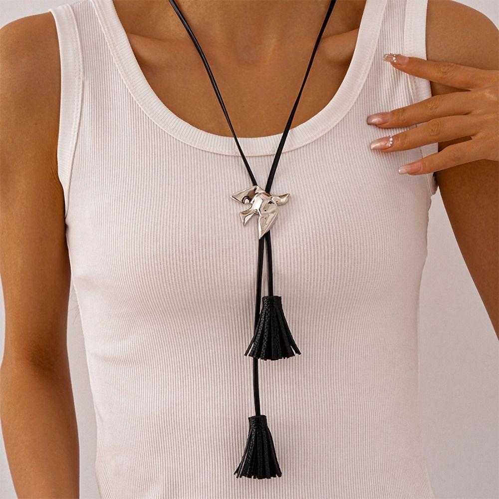 Silver Tassel Adjustable Necklace Ethnic Style PU Leather Necklace Luxury Bird Necklace  Decoration