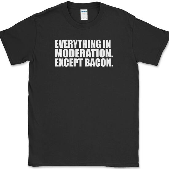 Everything In Moderation Except Bacon T-Shirt Funny Food Pork Pig BBQ Humor Tee S