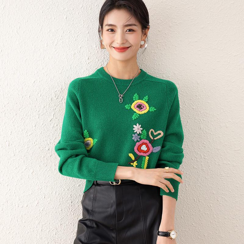 TUHUANG Women's Pure Wool Cartoon Embroidered Round Neck Sweater