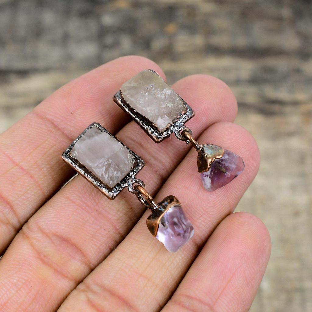 Rose Quartz Rough Earring African Amethyst Rough Gemstone Earring Electroformed Copper Earrings Handmade Electroformed Jewelry Wedding Gift