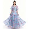 Summer Holiday Vacation Flower Print Long Maxi Dress Bohemian O-neck Short Sleeve High Waisted Chiffon Party Dresses Casual Robe