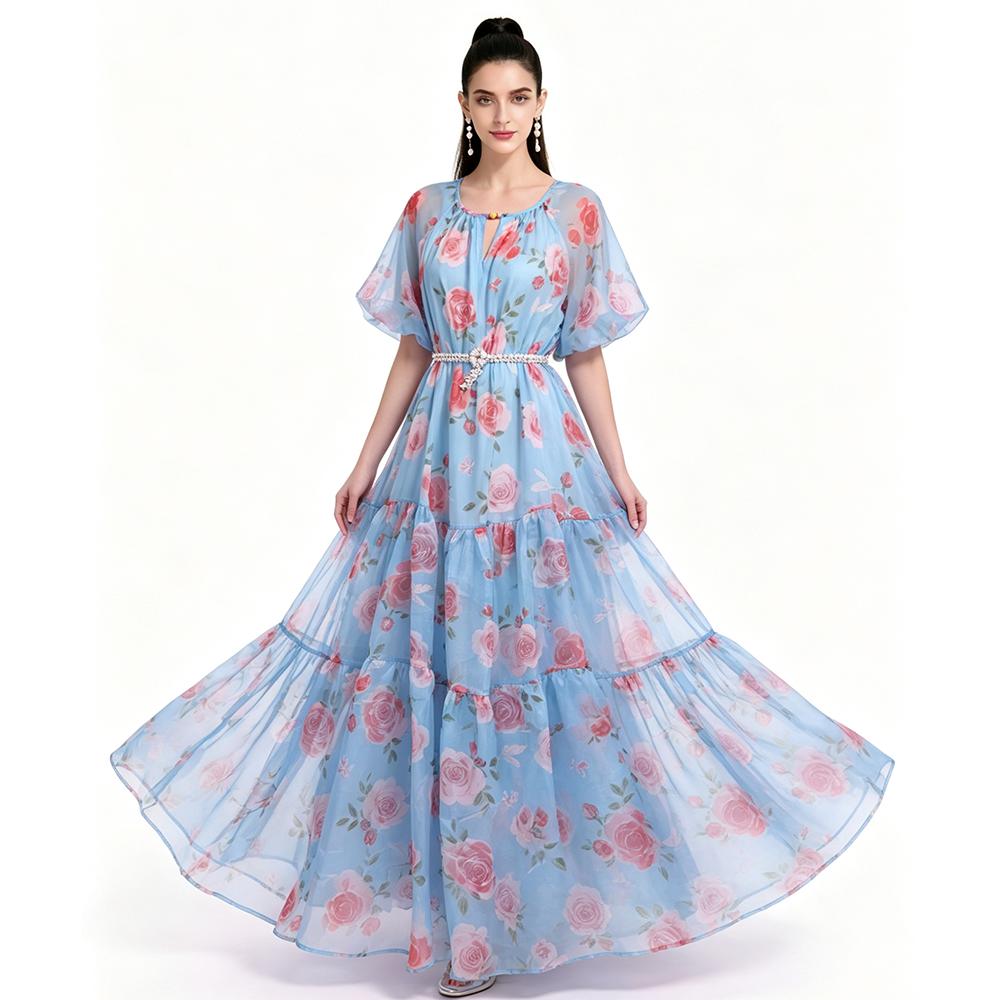 Summer Holiday Vacation Flower Print Long Maxi Dress Bohemian O-neck Short Sleeve High Waisted Chiffon Party Dresses Casual Robe