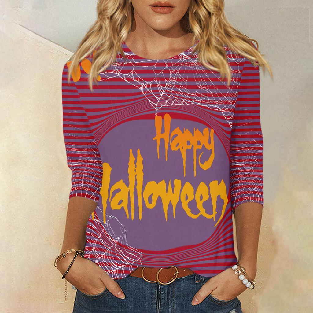 2024 New Women's Halloween Long Sleeve T-Shirt Spider Web Print Round Neck Casual Basic Loose Ladies Designer Tops