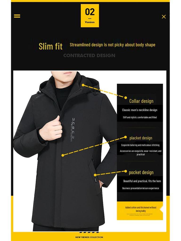 Men's Winter Hooded Mid-Length Cotton Coat for Seniors - Thick, Plus Size Padded Jacket