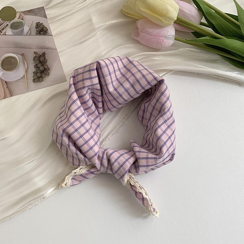 Silk scarf neck small square scarf plaid lace edge versatile fashion scarf headscarf summer women pastoral silk scarf headband