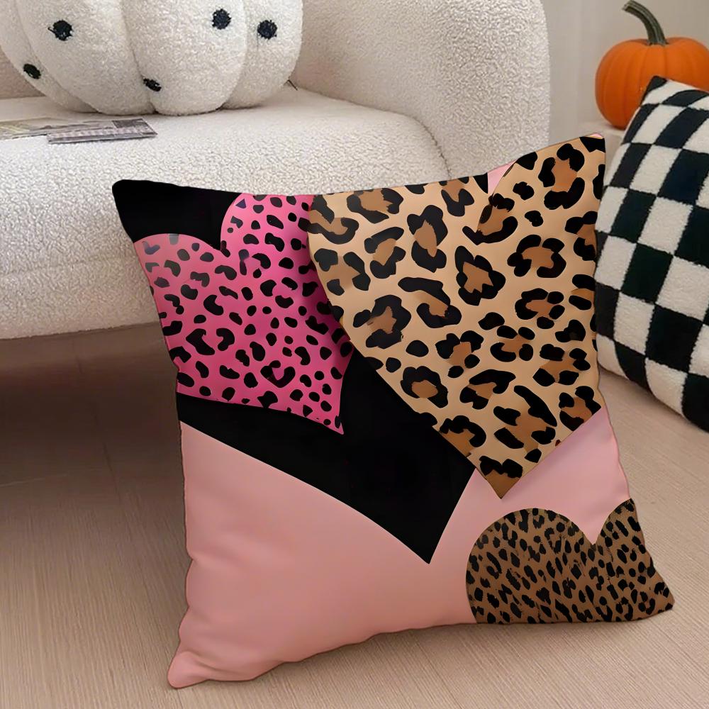 L-Leopard Print Hearts Pillow Trendy Cushion Cover Throw Pillow Cover Hidden Button Durable Polyester Chair Cushion