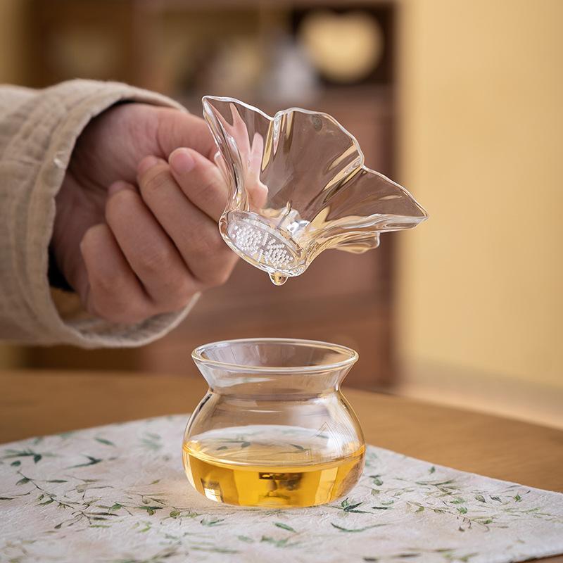Kung Fu Tea Utensils - Glass Tea Cup Flower Infuser with Mesh Sifter & Strainer for Single Serve
