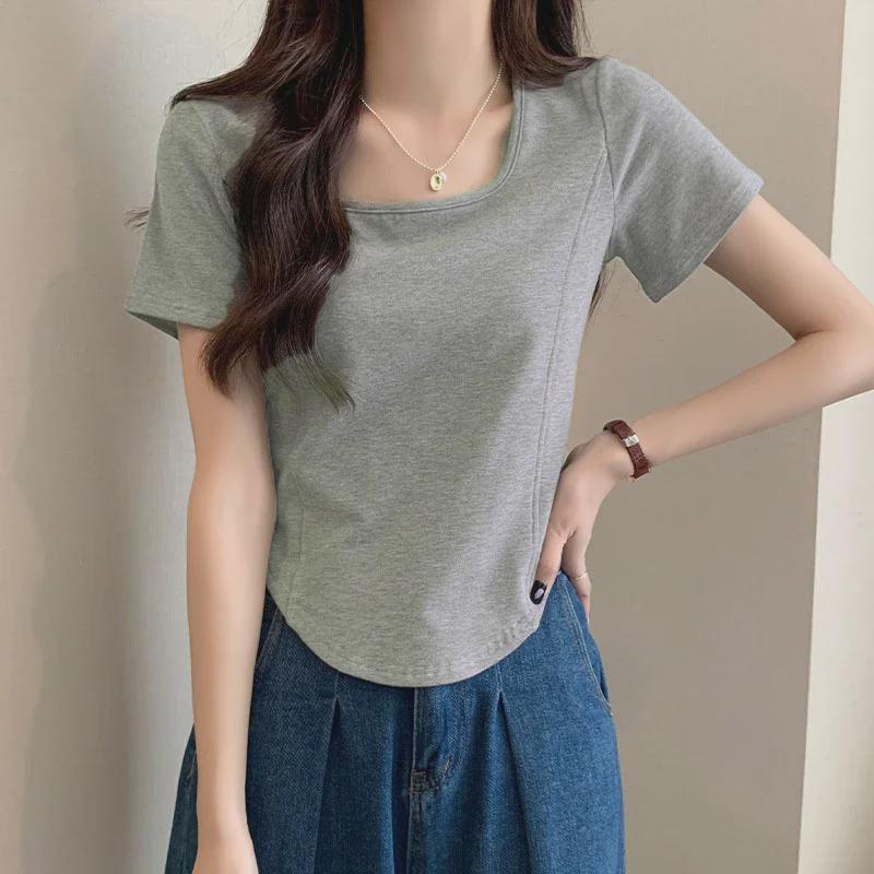 Dámské letní 2025 zeštíhlující tričko s čtvercovým výstřihem - Asymetrický design v jednobarevném provedení