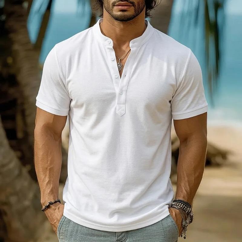 Summer New Retro Fashion Men Lightweight Breathable Henley Neck Short Sleeve Stand Collar Shirt S белый