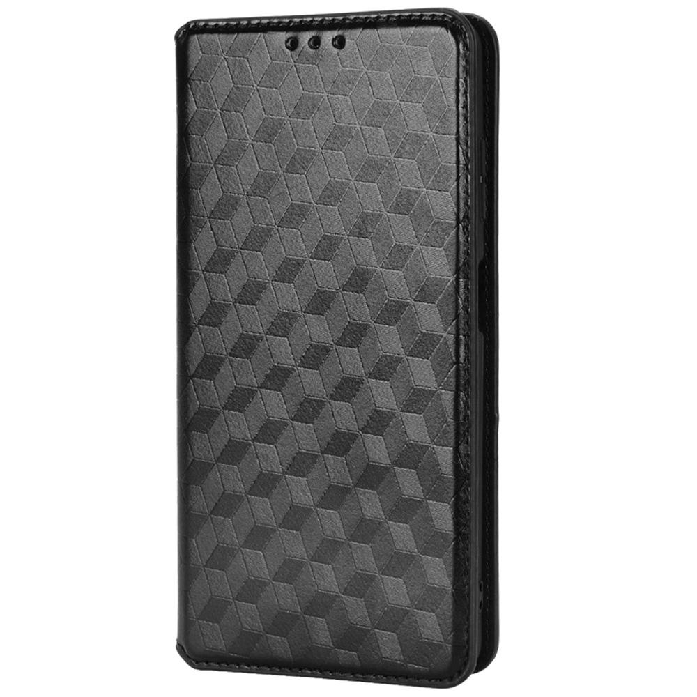 

For ZTE Blade A72/Blade V40 Vita Rhombus Imprinted Phone Case Magnetic Auto Closing PU Leather Wallet Stand Shell Black