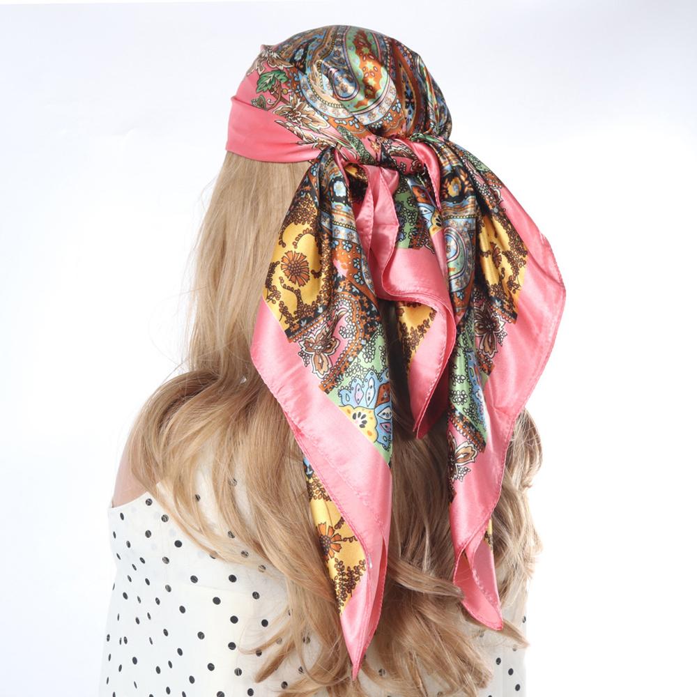 Nieuwe 90*90cm Retro Dames Zijden Sjaal Bandana Mode Boheemse Patroon Vierkante Hijab Dames Wikkel Hoofdband Foulard Sjaal