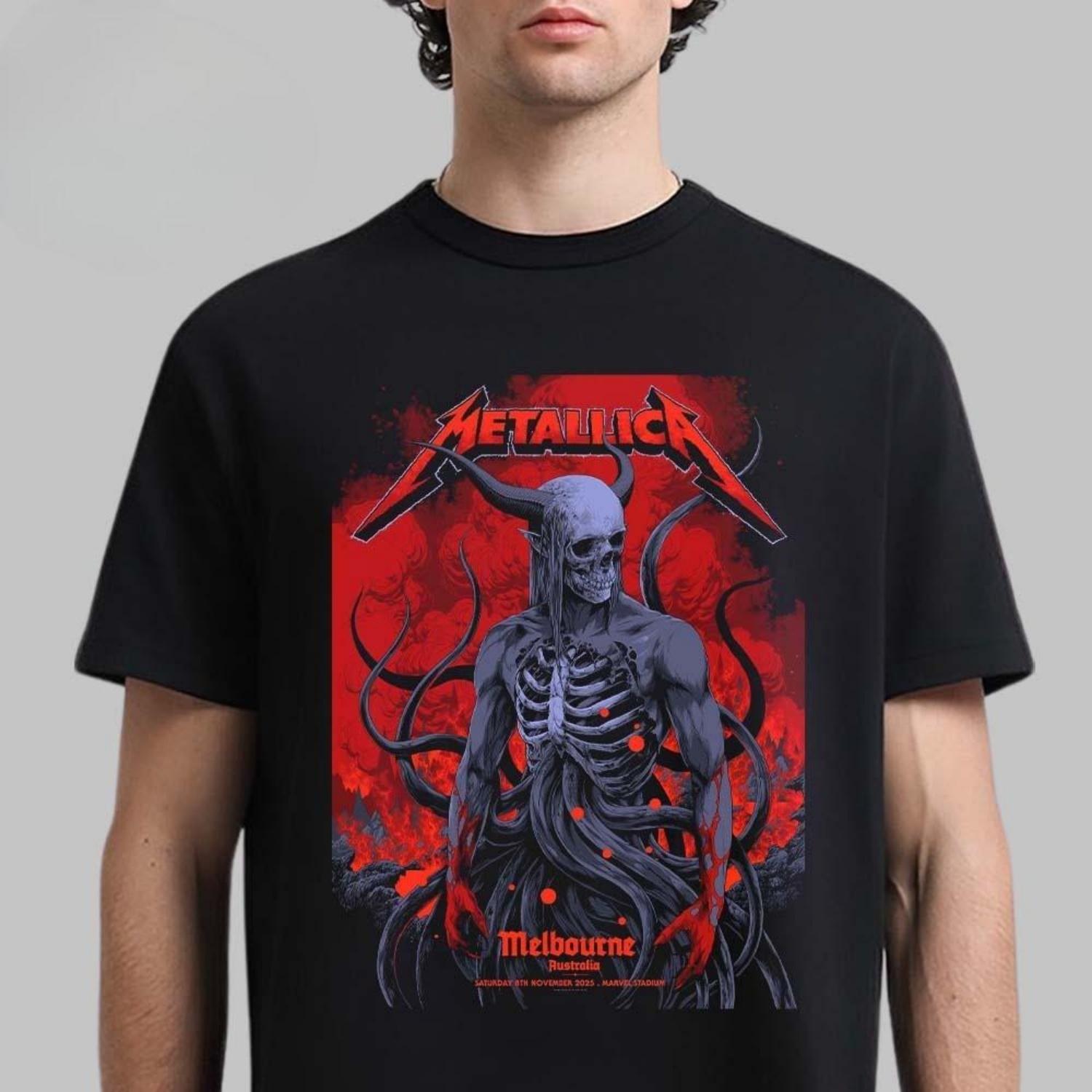 

New Metallica M72 Adelaide Australia Venue Tee At Adelaide Oval On November 5 2025 Skeleton Boombox From Hell Two Sided T-Shirt S чёрный