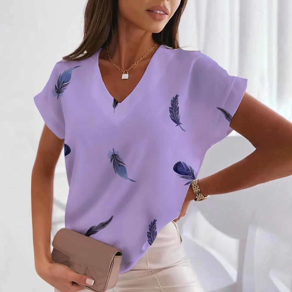 Women's Plum Blossom 3D Printed Women's T-shirt Korean Popular Clothing Women's Clothing Short Sleeve Shirt V-neck