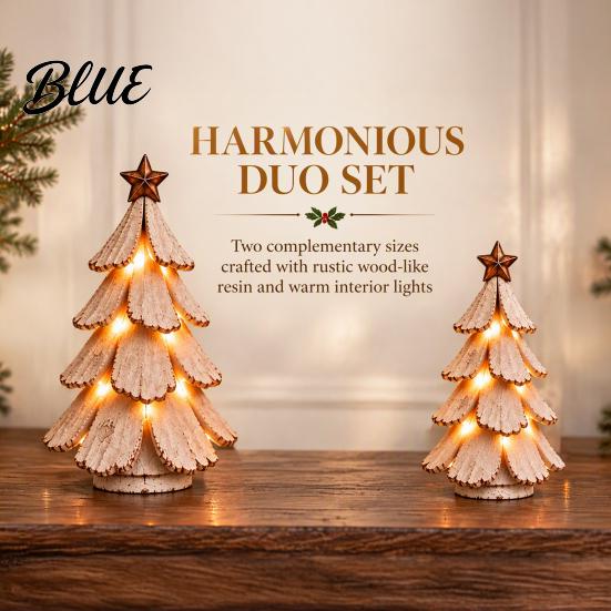 Unique Holiday Gifts for Her 2Pcs Vintage Lighted Christmas Tree Figurine Retro Resin Xmas Decor with Warm Desktop Figurines LED Light Rustic Statue