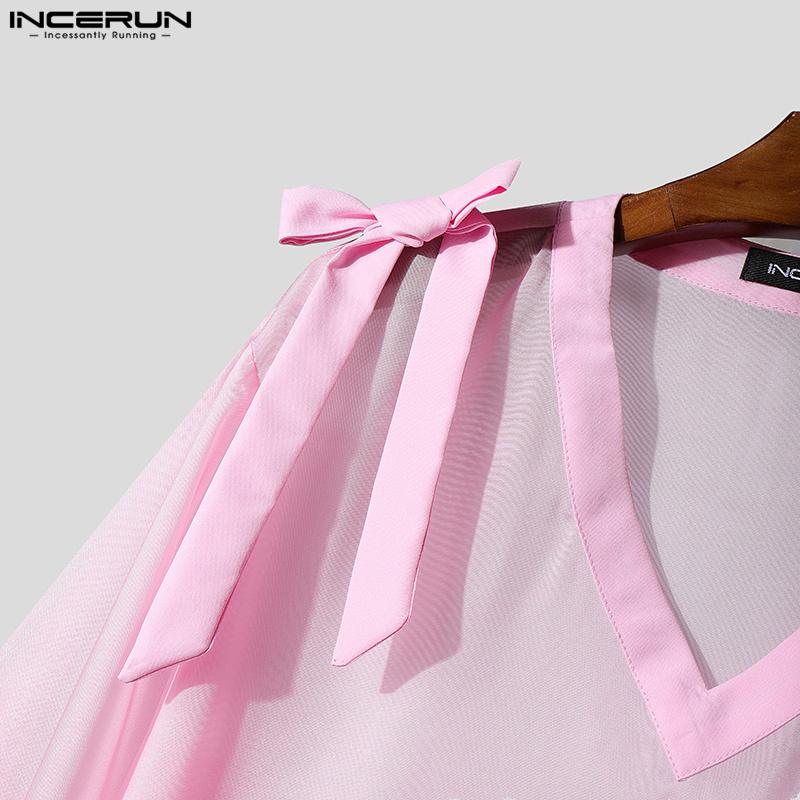 INCERUN Men 3/4 Flare Sleeve Mesh See Through Loose Party Club Shirts Tops