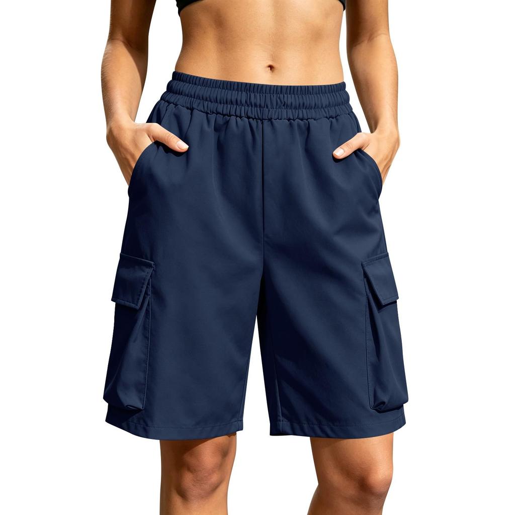 Women Loose Fit Casual Work Shorts with Elastic Waistband and Multiple Pockets for Daily Wear Outdoor Activities