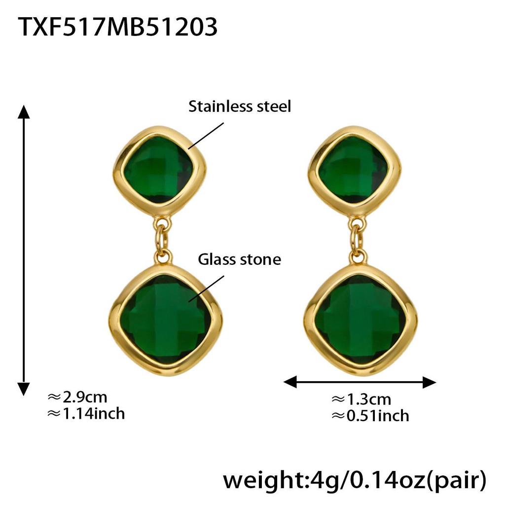 Geometric Glass Stone Earrings & Stainless Steel Bead Necklace Bracelet Set - Multi-color Patchwork Jewelry