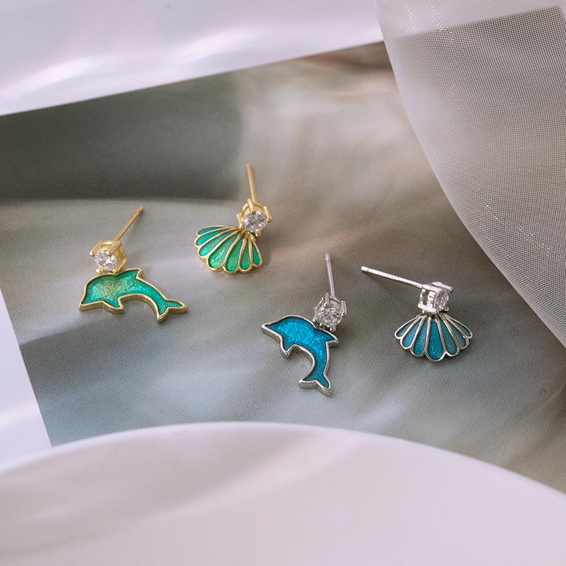 Asymmetric Ocean Shell & Dolphin Zircon Earrings - S925 Silver Glazed Drop Style for Women
