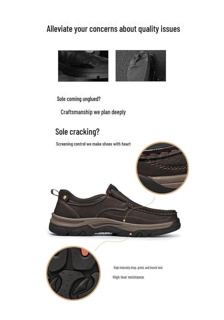 Men's Thick Sole Wear-Resistant Leather Hiking Loafers - Slip-On Casual Shoes
