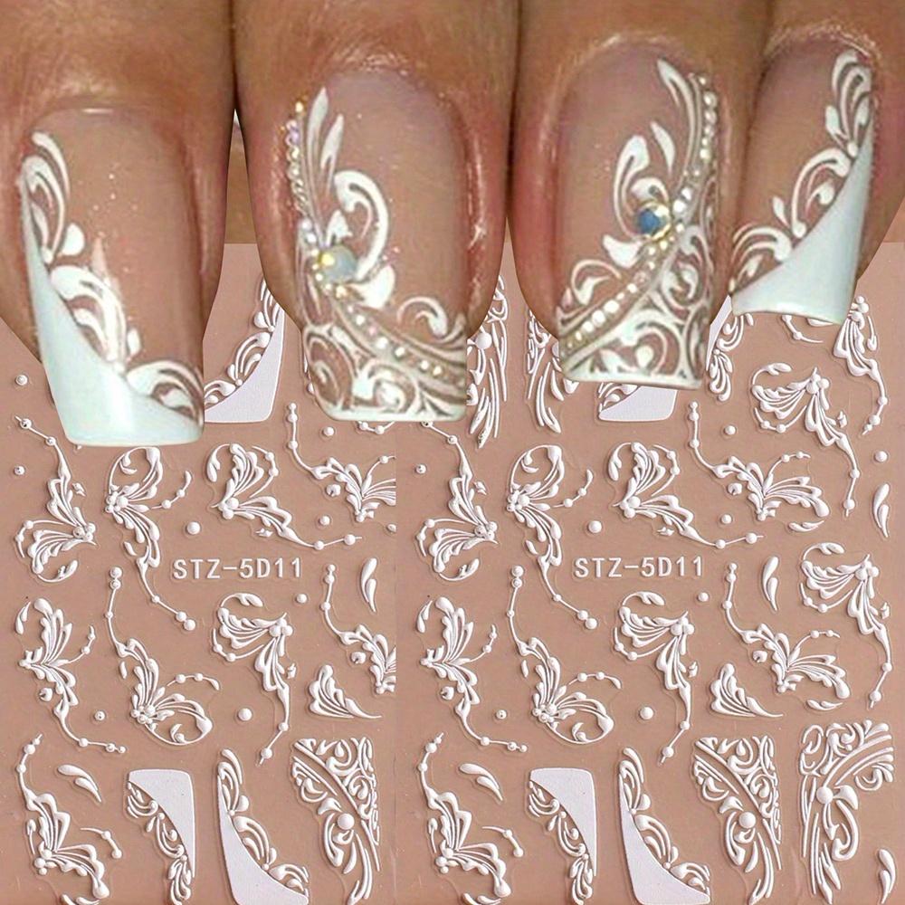 1pc Matte Finish White Lace Flower Nail Art Stickers, Rectangle Embossed French Nail Decals with Embroidered Effect