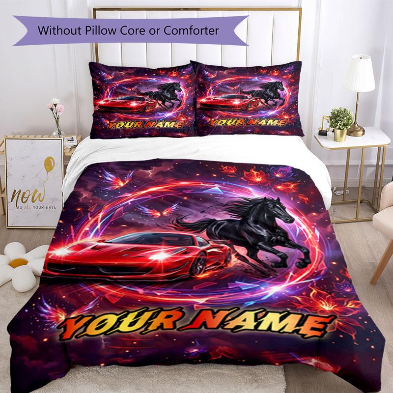 3PC Custom Name Speed, Fire, Freedom, Fantasy, Racing, Night Bedding Set Duvet Cover Closure Includes 1 Duvet Cover & 2 Pillowcases for Bedroom