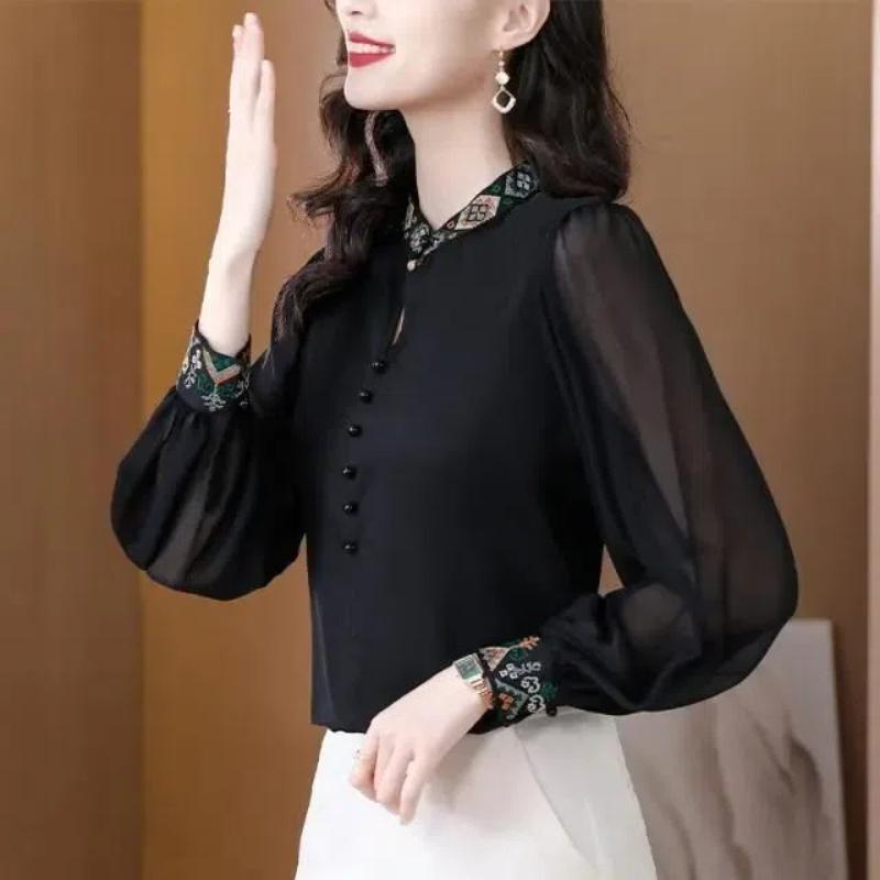 Spring Women Clothing Chiffon Shirt Stand Collar Embroidered Button Chinese Style Fashion Elegant Long Sleeve Loose Tops