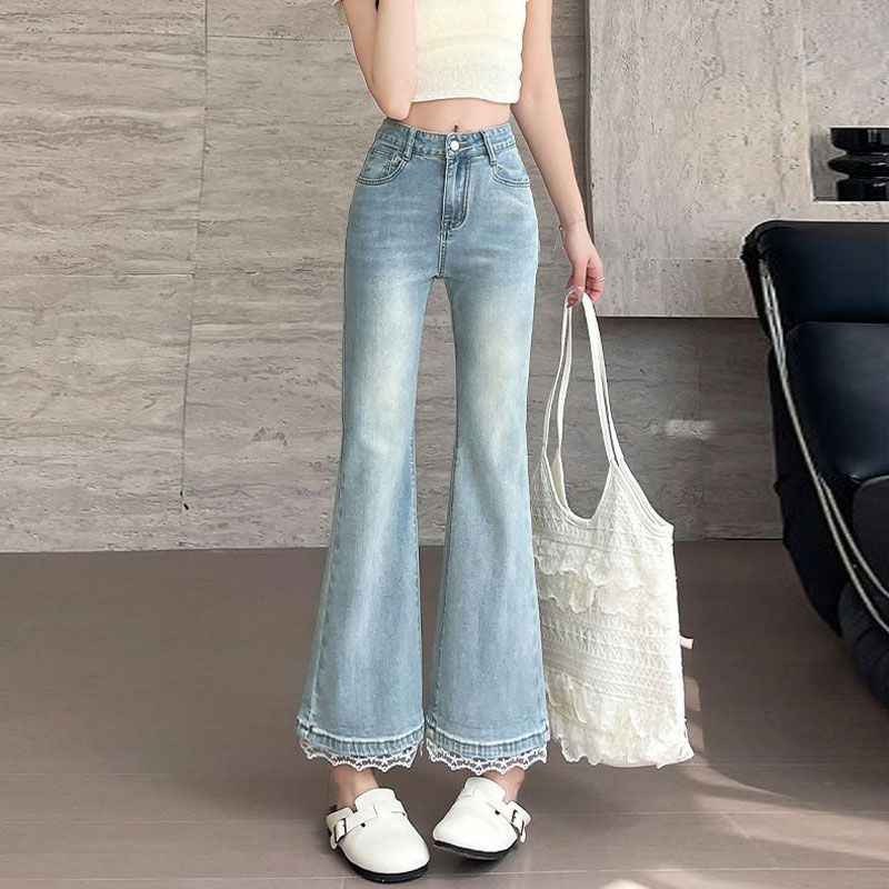 Light Blue Lace Nine Jeans Women Summer Big Yards Pear Shaped Body Thin Elastic Straight Flared Pants Retro Street Style Baggy Long Jeans for Ladies