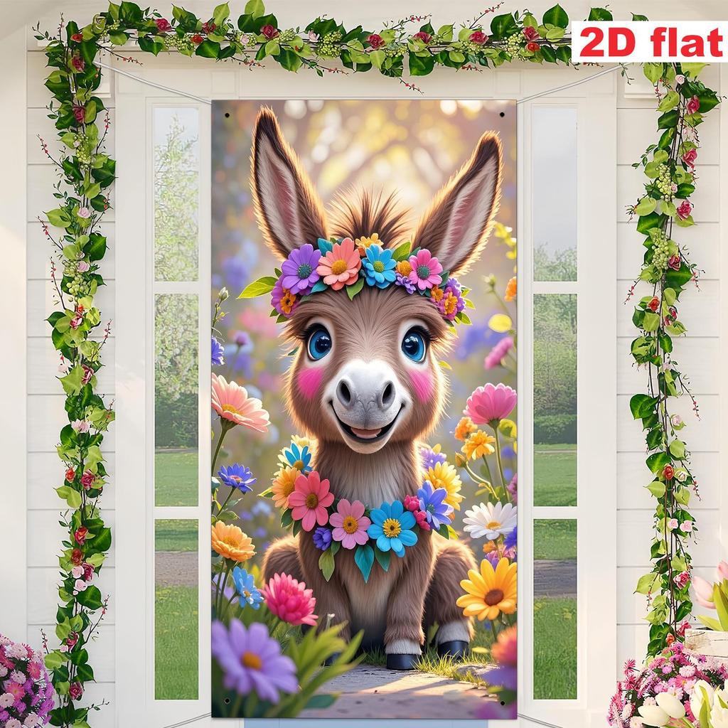 Easter Cartoon Calf Floral Door Banner - Spring Party Decoration
