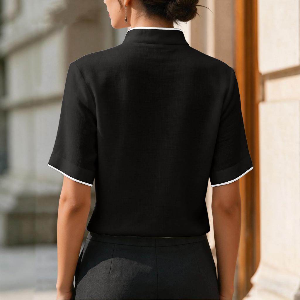Camicetta Casual da Donna a Maniche Corte con Piccolo Collo Rialzato e Scollo a V, Bottonata, Leggera, Top Estivo per l'Uso Quotidiano