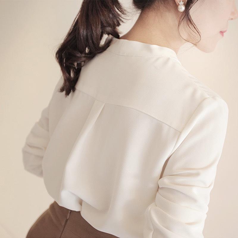 Korean Solid Color V-neck Long Sleeve Lady Chiffon Shirt Spring Autumn Elegant Simple Loose Fit Women's Commuting Shirt New