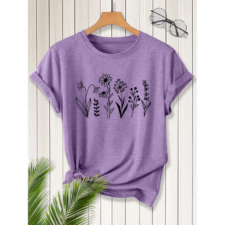 2026New SpringSummer Women's Round Neck Minimalist Line Drawing Floral Print Short Sleeve T Shirt Vintage distressed casual top Soft Knit Fabric