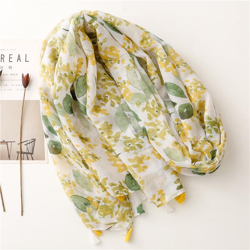 Bali Yarn Cotton-Linen Scarf: Fresh Solid Color, Fruit Green & Bright Yellow Leaf Print with Tassel Detail