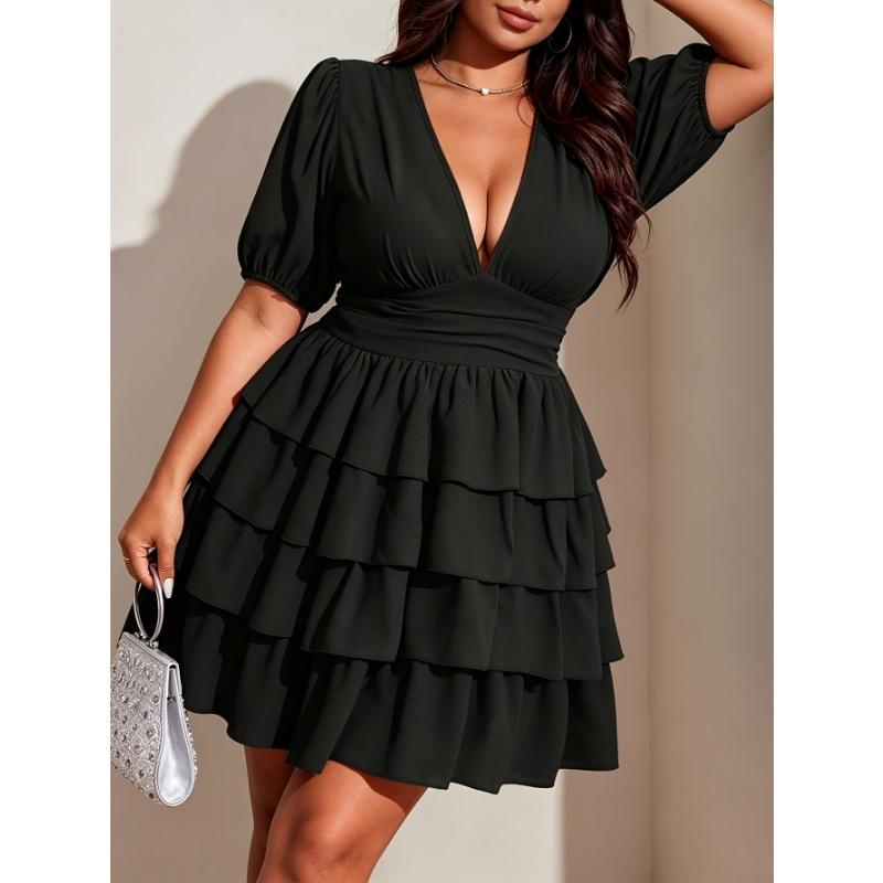 Vestido de tarta corto de color liso, manga corta, cuello en V sexy para mujer de talla grande