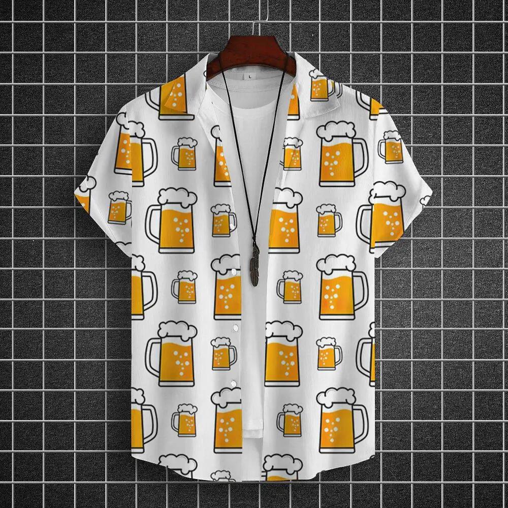 Men's Summer Short Sleeve Hawaiian Shirt Beach Holiday Print Shirt Top 100% Polyester Men's Beer Print Short Sleeve Shirt