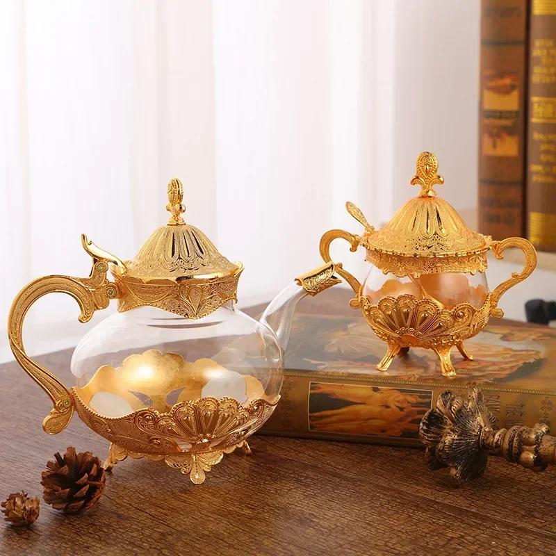 Elegant Alloy Glass Coffee Pot, Sugar Cup, European Style, Exquisite Hollow Carved, Household Pot, Ornaments