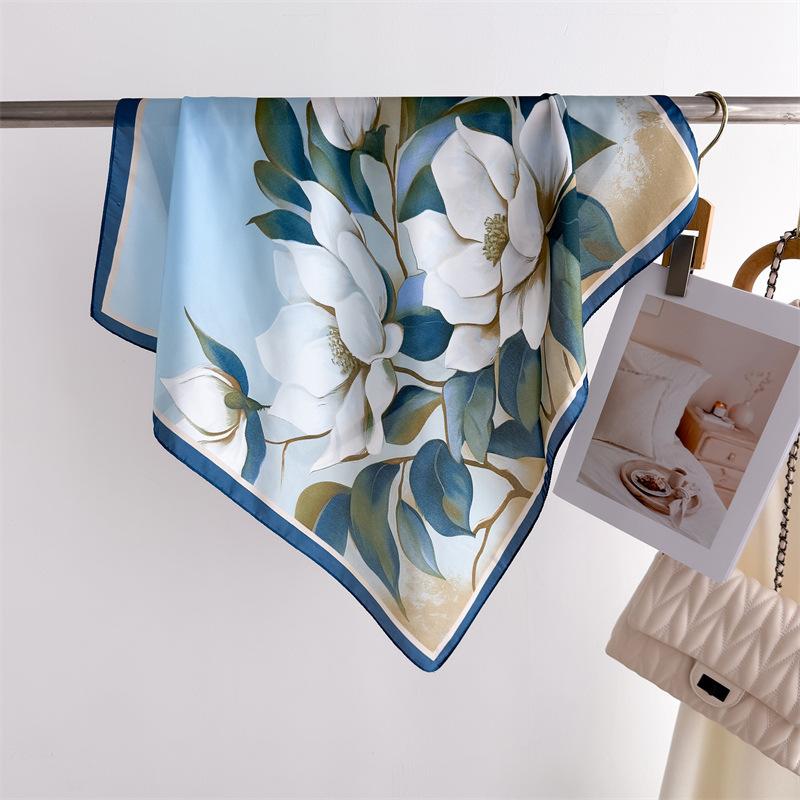 National Style Ink And Wash Lotus Print Silk Scarf Square Scarf High-End Shawl Versatile Neck Small Square Scarf Headscarf