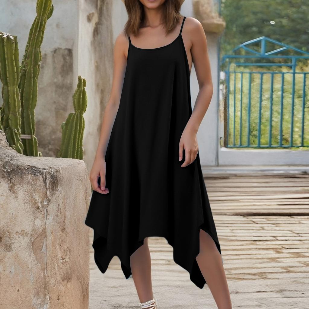 Women's Summer Casual Solid Color Round Neck Adjustable Suspender Dress With Pockets