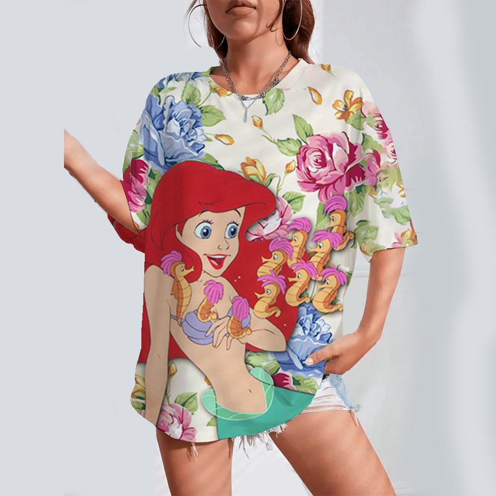 2025 Cartoon Printed Women's T-shirt Disney Princess Printed Summer Short sleeved T-shirt Harajuku Casual Round Neck Top