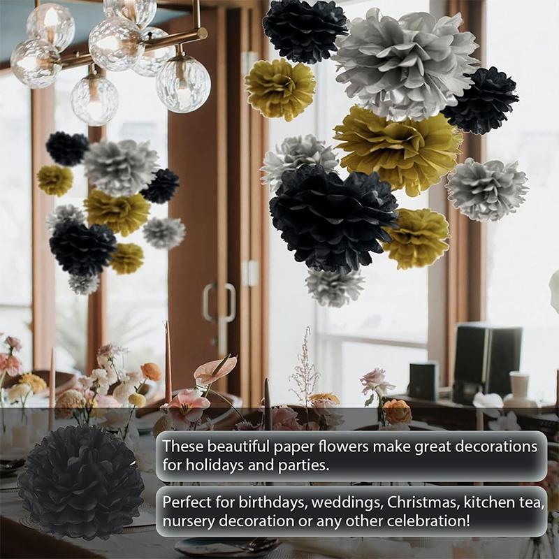 9 Pièces Décor Mural Noir pour Fête Décorations de Fête de Mariage Halloween Boule de Fleurs 3D Anniversaire Ensemble Boules de Fleurs en Papier Décoration de Maison
