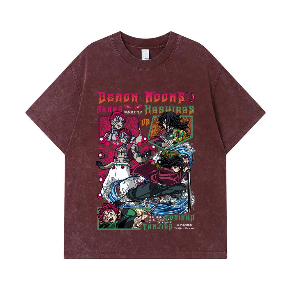 275 GSM Washed T-shirts 100% Cotton Demon Slayer V91 Akaza x Tomioka Print Unisex Heavy Cotton T Shirt